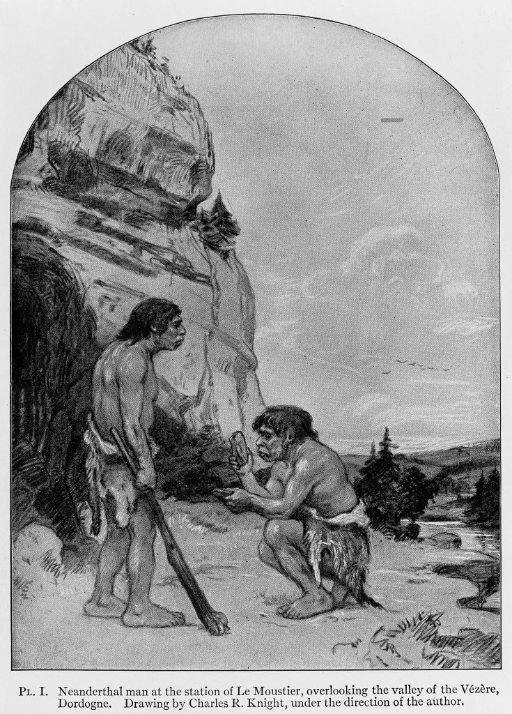 A black and white illustration shows two Neanderthals in loincloths, one kneeling and looking at a rock.