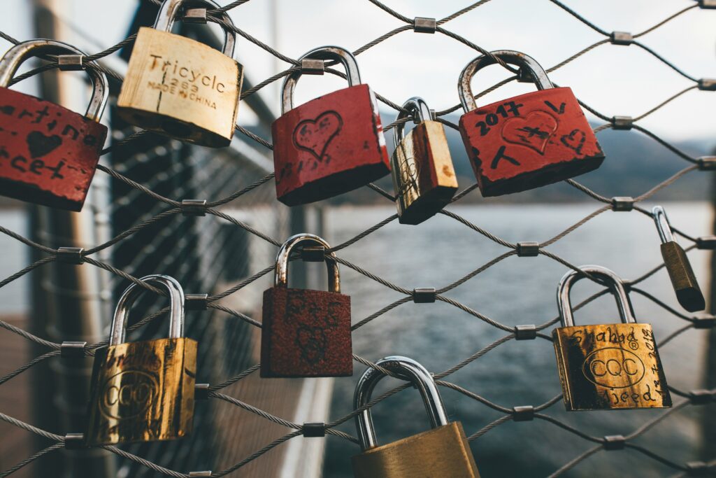 A series of locks are locked against a chain link fence.