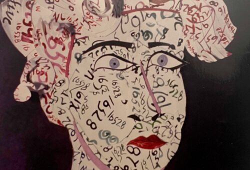 A stylized painting of a person’s head—with wide eyes, red lips, and a headscarf—is covered in various numbers and symbols, and set against a black background.