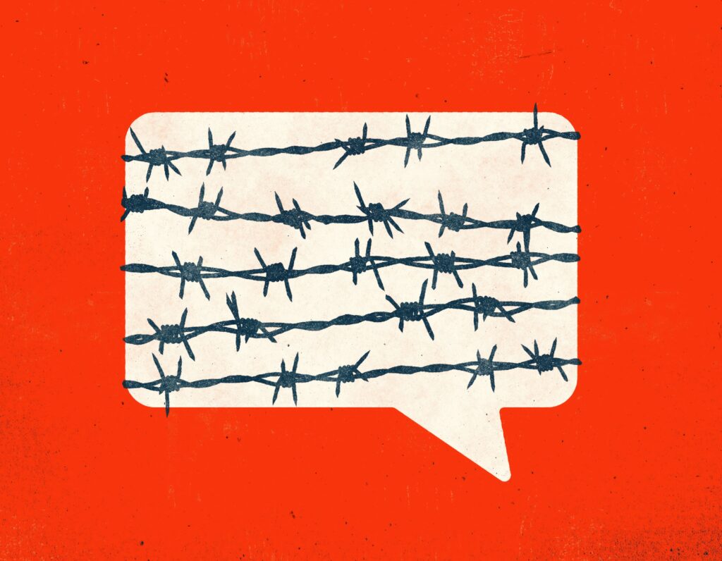 A white cartoon speech bubble on a red background is wrapped in barbed wire.