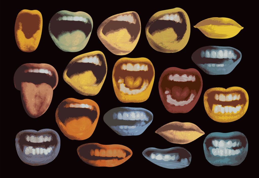 Bright stickers show colored lips that smile and display tongue and teeth on a retro-style poster.